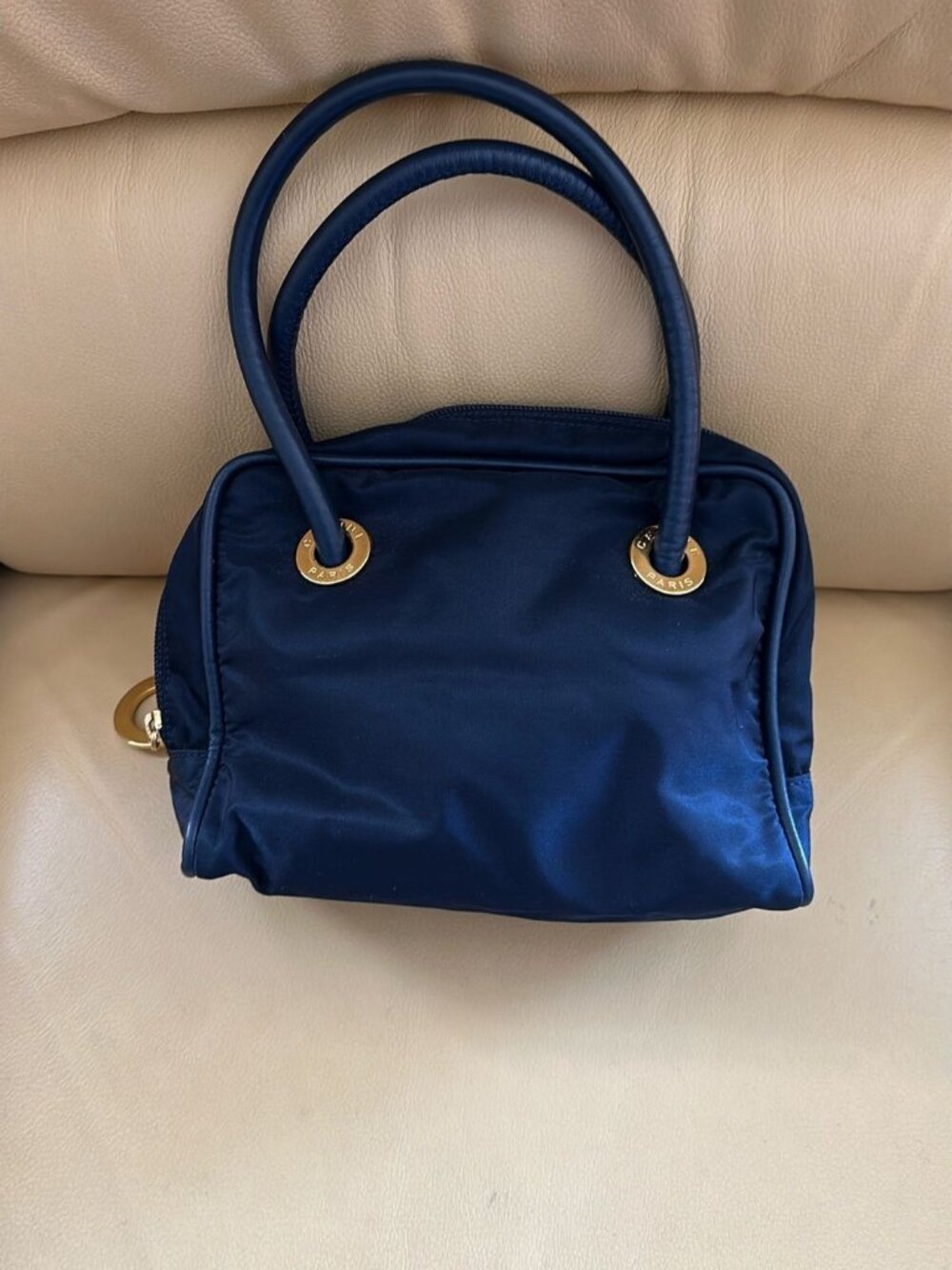 CELINE Paris Circle Logo Handbag Navy Blue Nylon lether trim and handles mini